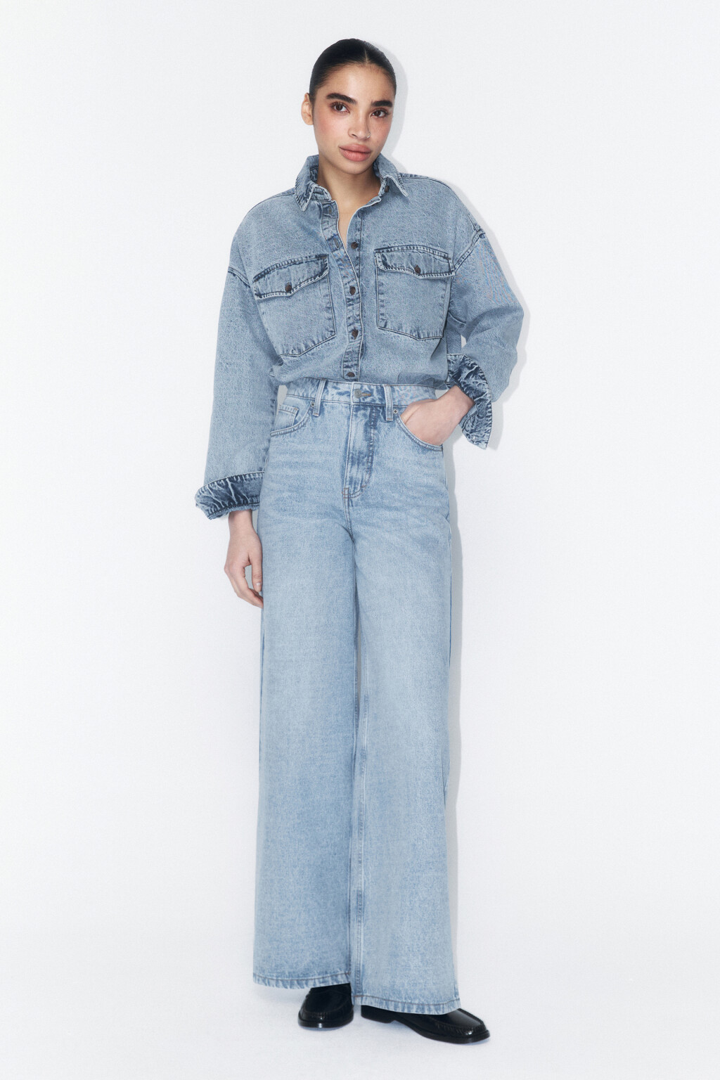 Джинсы wide leg широкие с высокой посадкой - цвет голубой - 4