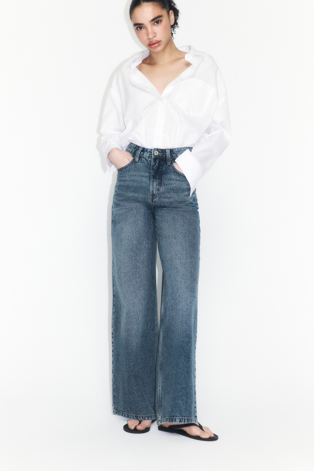 Джинсы wide leg широкие с высокой посадкой - цвет темный тинт - 1