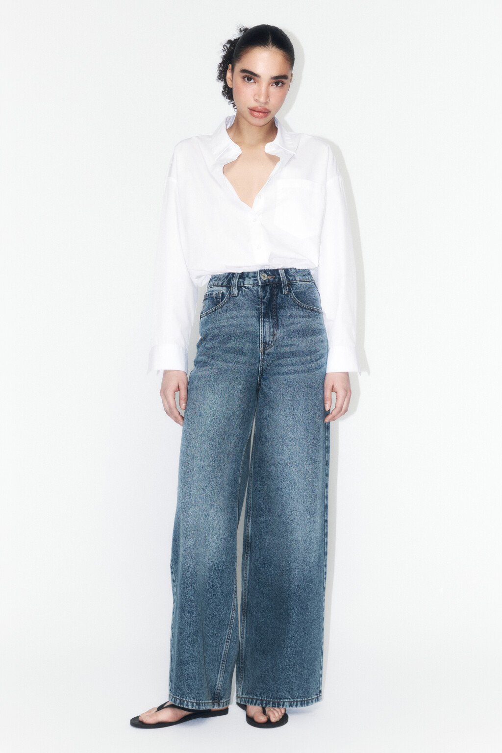 Джинсы wide leg широкие с высокой посадкой - цвет темный тинт - 4