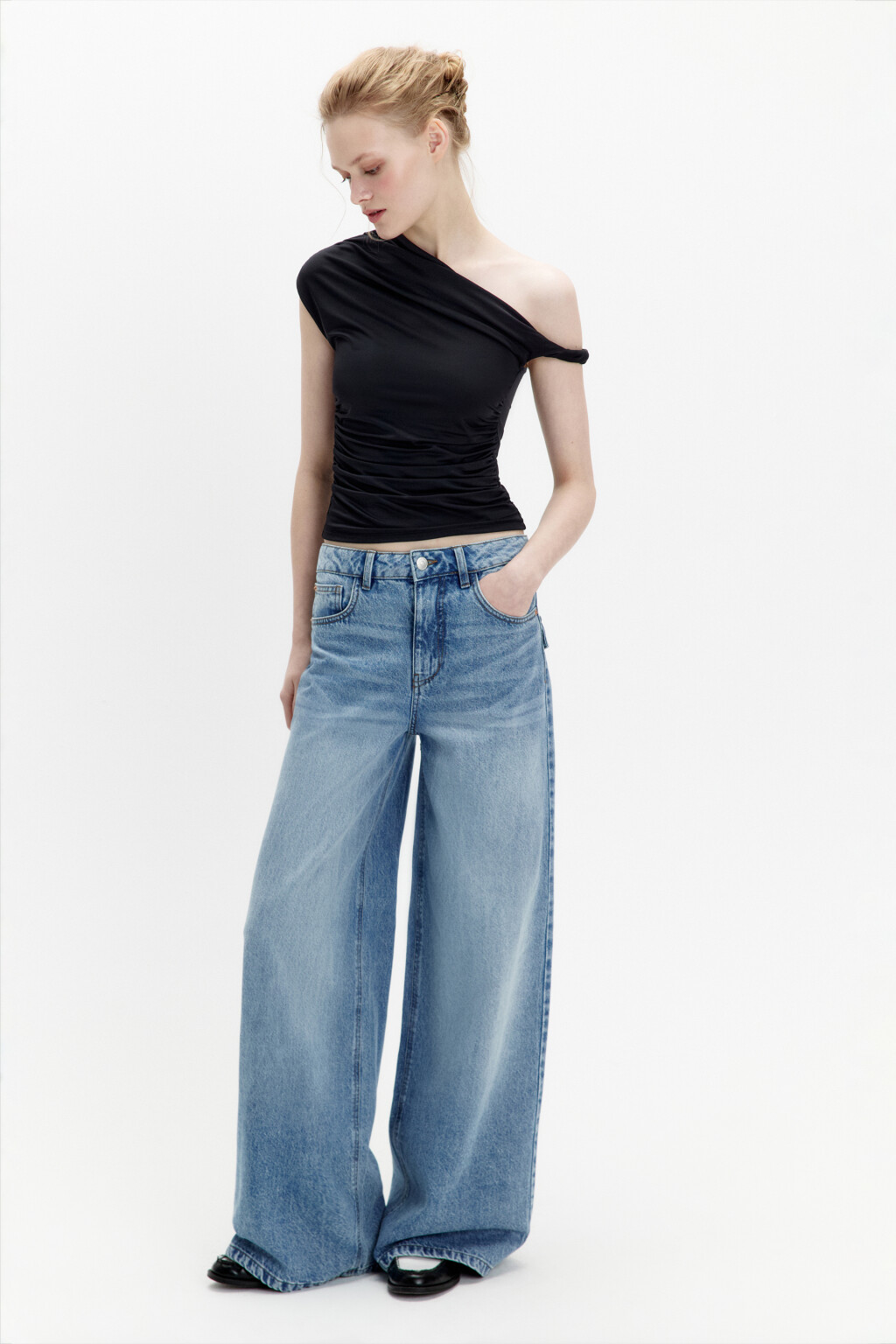 Джинсы wide leg широкие с высокой посадкой - цвет голубой - 4