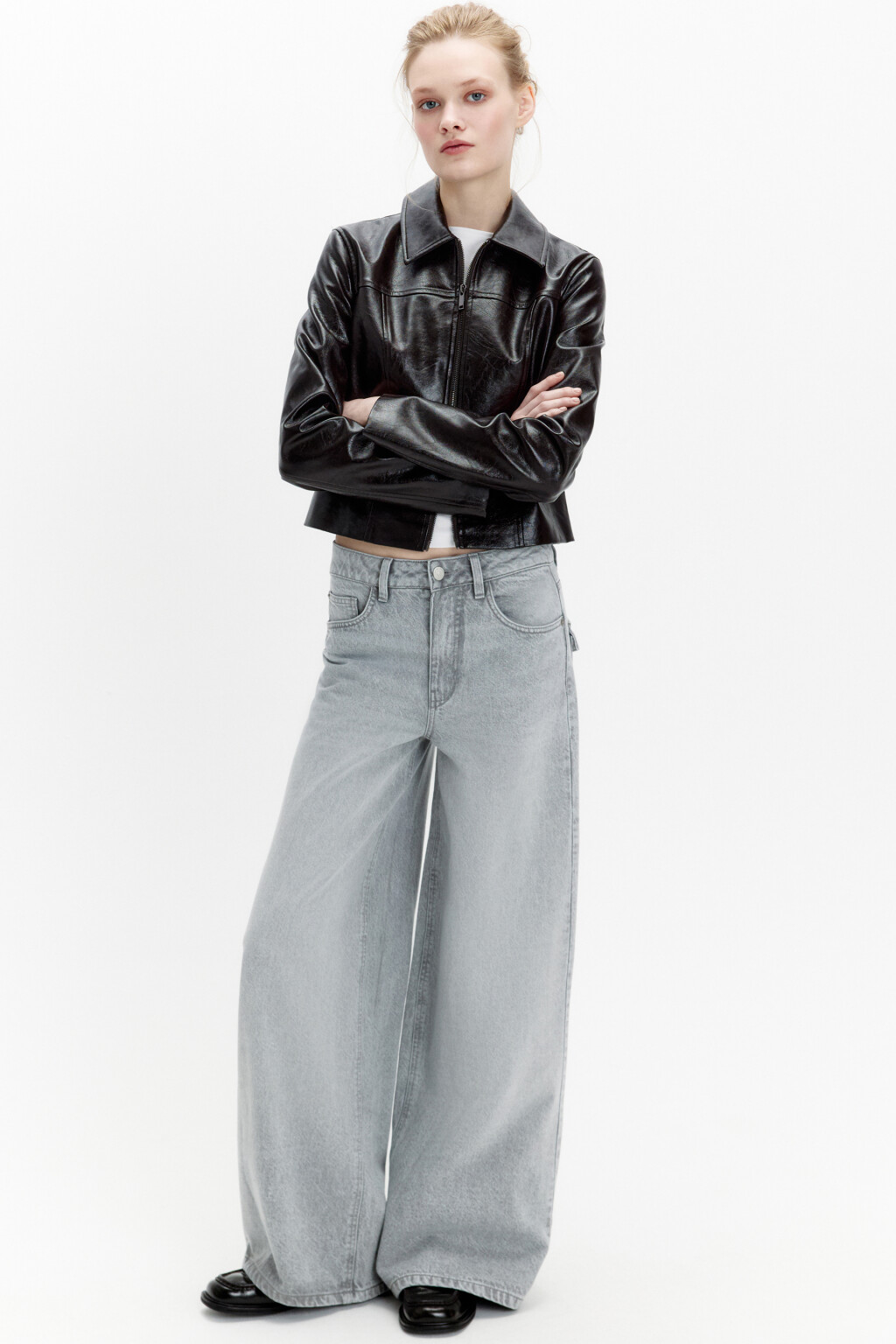 Джинсы wide leg широкие с высокой посадкой - цвет серый - 1