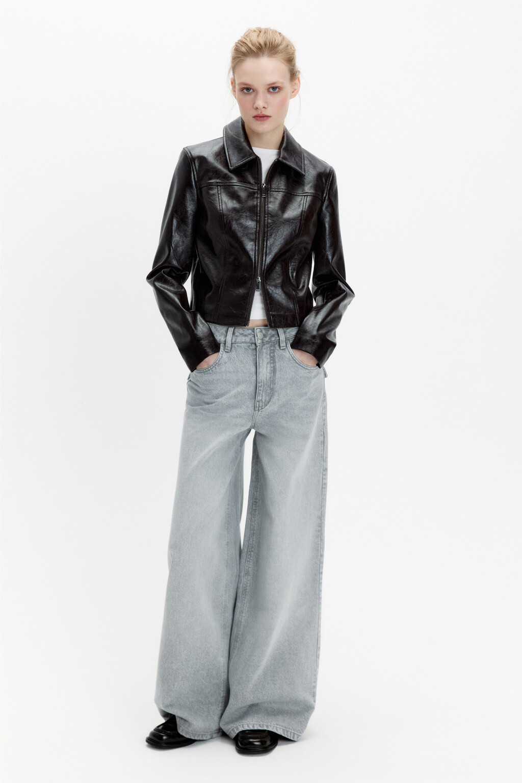 Джинсы wide leg широкие с высокой посадкой - цвет серый - 4