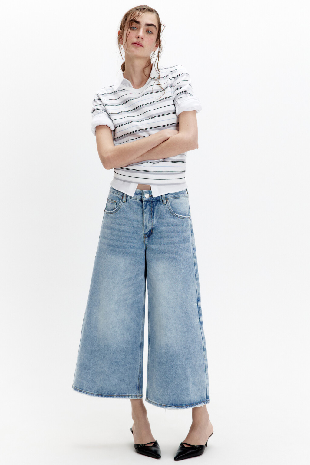 Джинсы-кюлоты baggy fit с потертостями - цвет голубой - 3