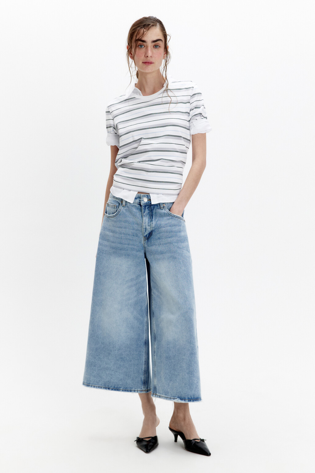 Джинсы-кюлоты baggy fit с потертостями - цвет голубой - 6