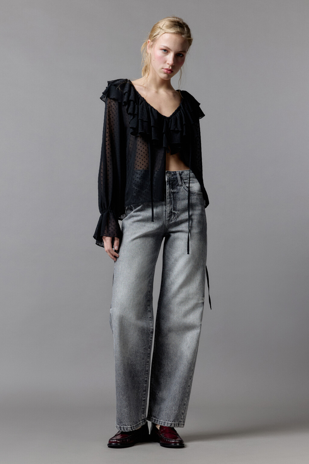 Джинсы straight fit прямые с высокой посадкой - цвет серый - 1