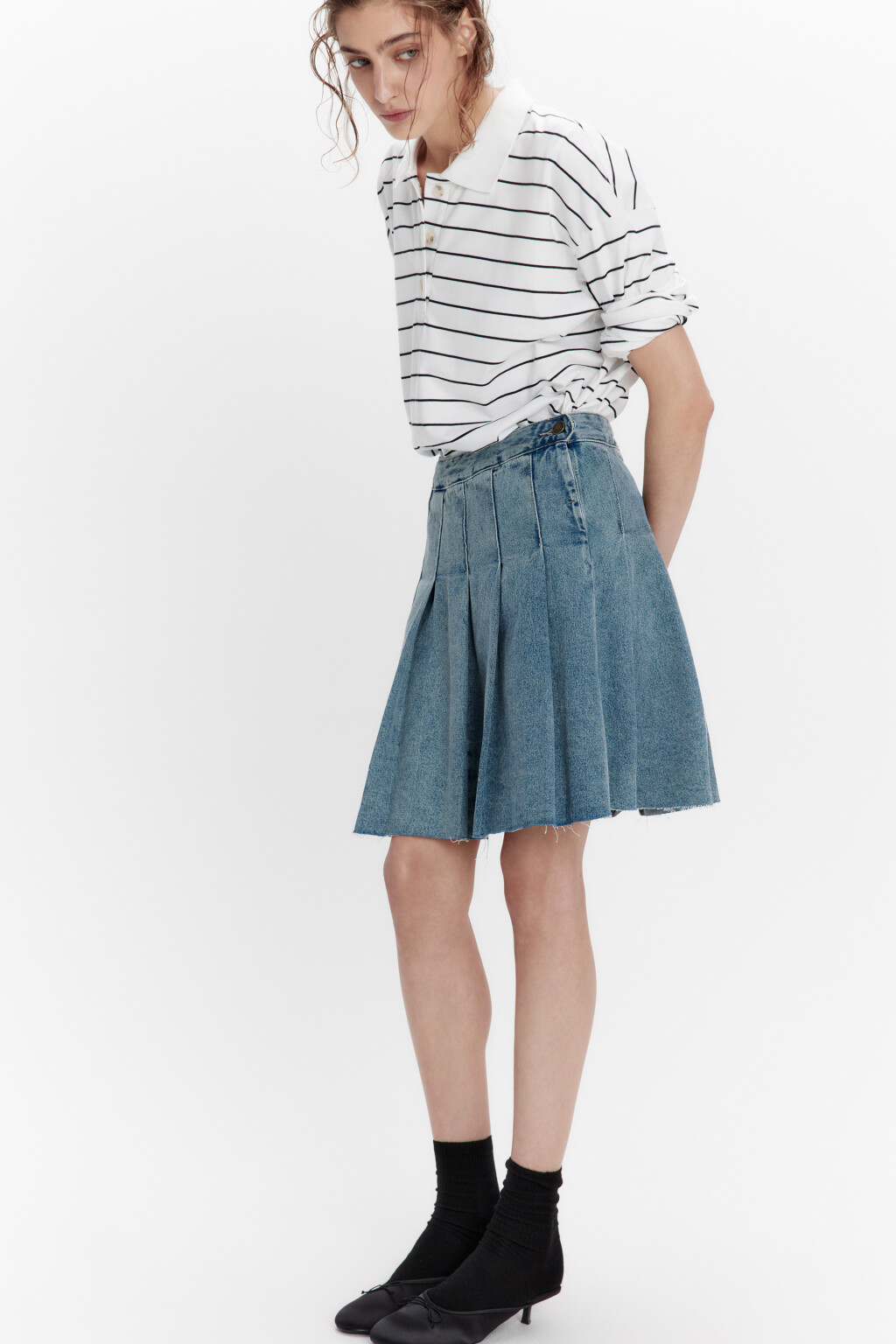 Юбка-трапеция миди джинсовая в складку - цвет синий - 1