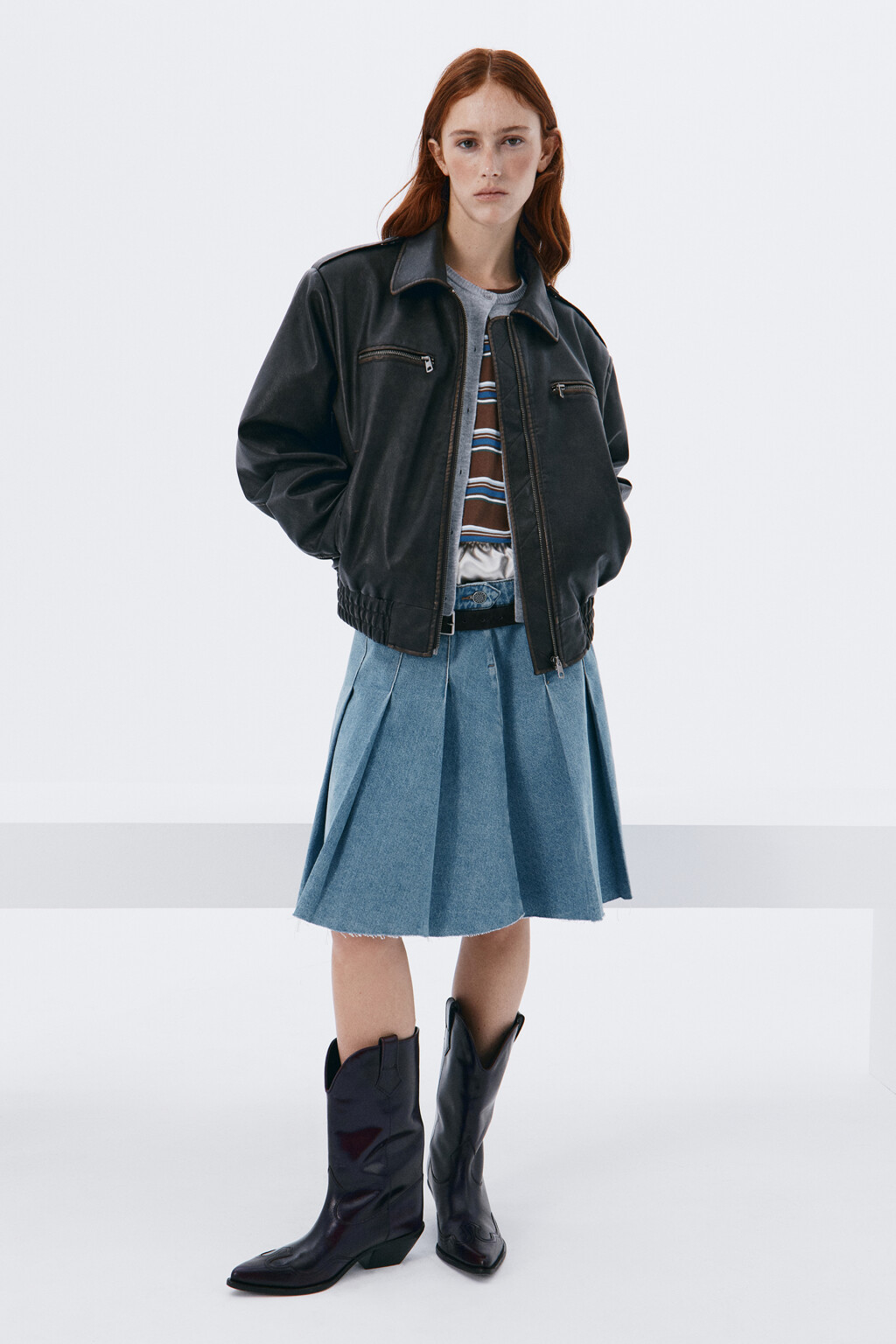 Юбка-трапеция миди джинсовая в складку - цвет синий - 8