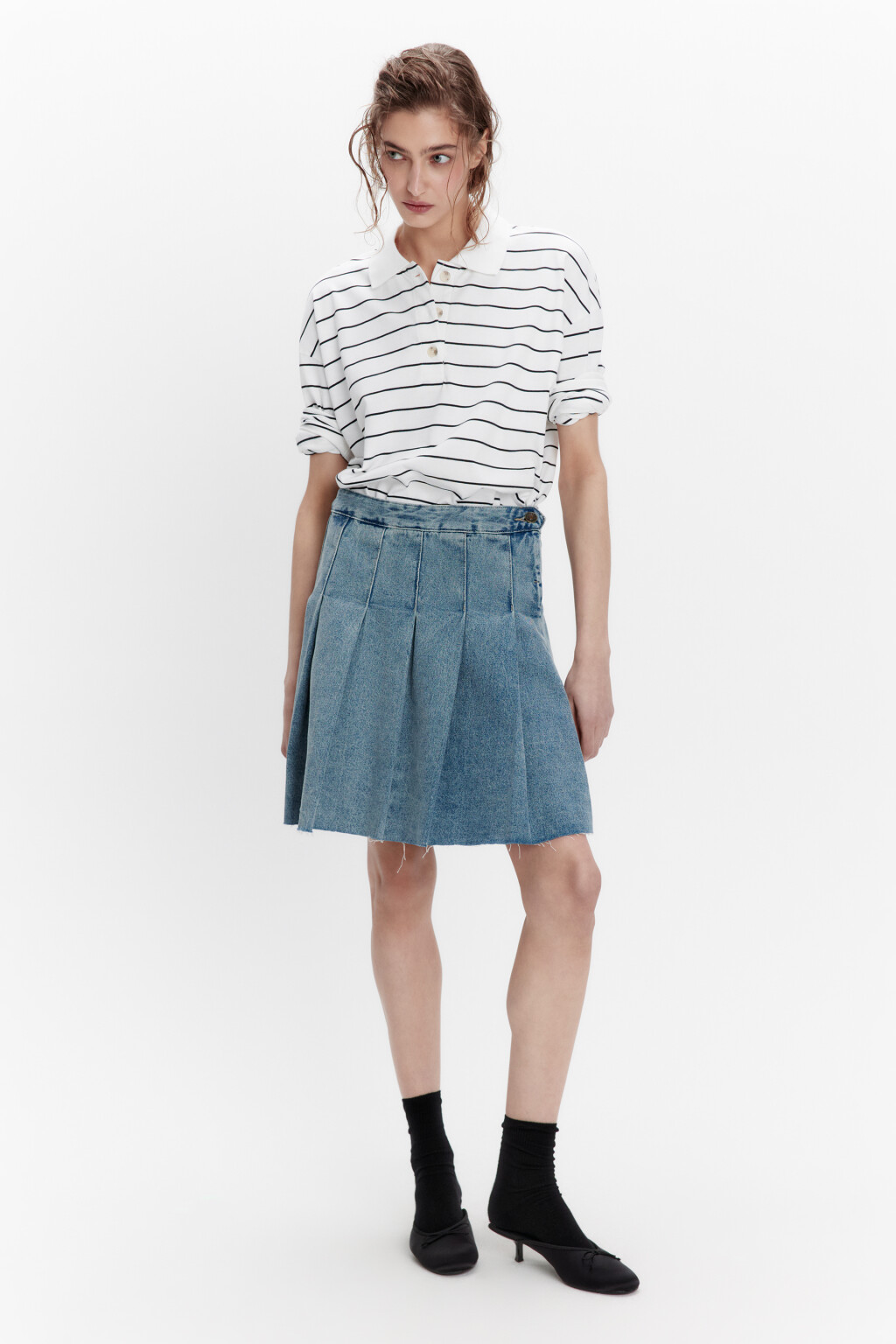 Юбка-трапеция миди джинсовая в складку - цвет синий - 4