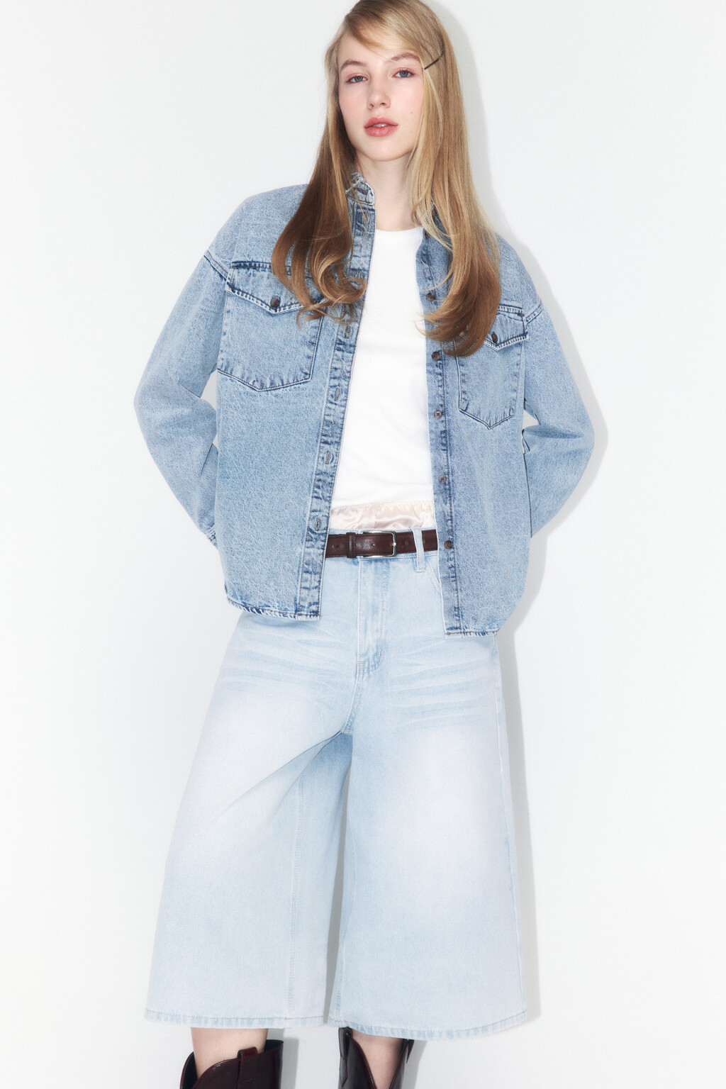 Рубашка oversize джинсовая с карманами - цвет голубой - 1