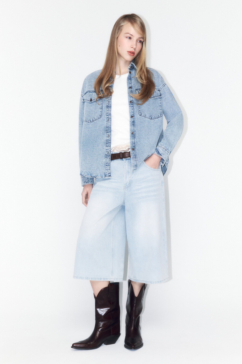 Рубашка oversize джинсовая с карманами - цвет голубой - 4