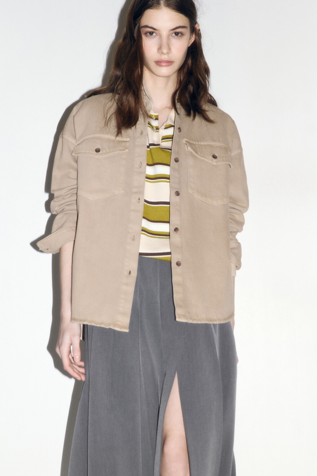 Рубашка oversize джинсовая с карманами - цвет бежевый - 1