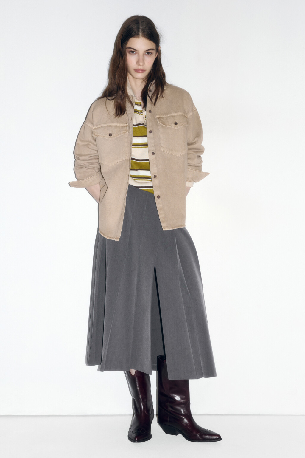 Рубашка oversize джинсовая с карманами - цвет бежевый - 4