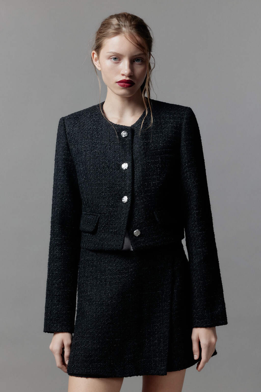 Жакет твидовый укороченный на пуговицах - цвет черный - 3