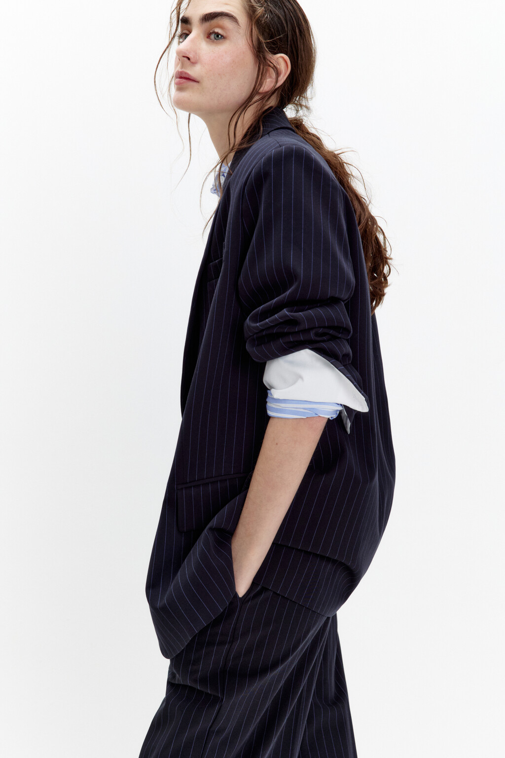 Пиджак однобортный в полоску - цвет синий - 1