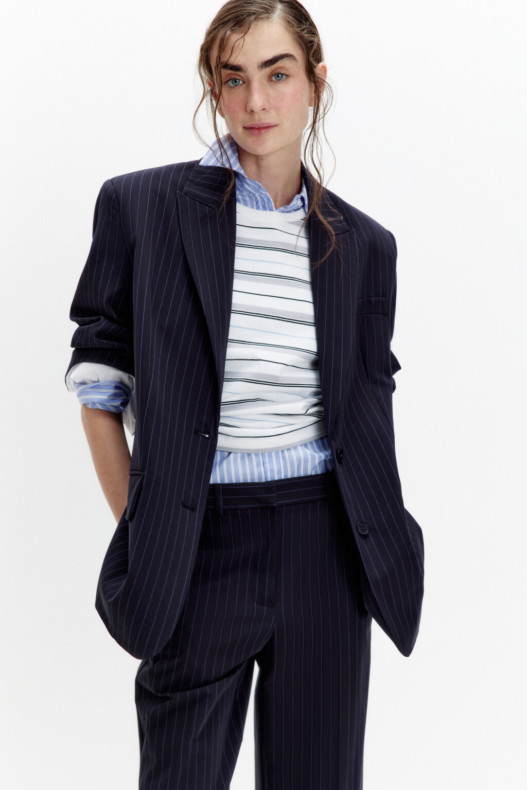 Пиджак однобортный в полоску - цвет синий - 2