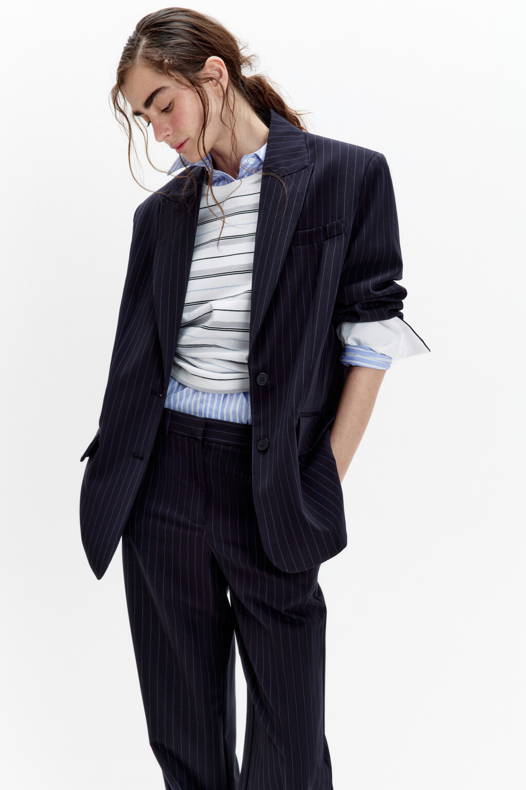 Пиджак однобортный в полоску - цвет синий - 3