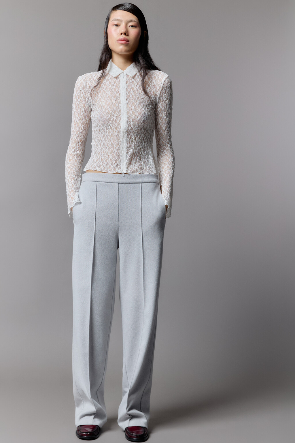 Брюки широкие трикотажные с высокой посадкой - цвет серый - 1