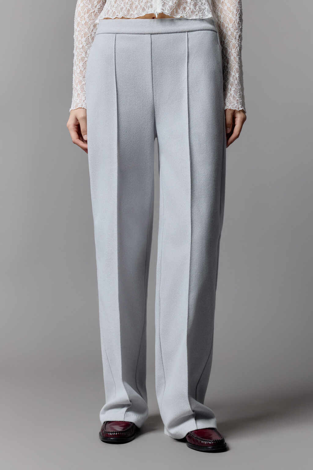 Брюки широкие трикотажные с высокой посадкой - цвет серый - 3