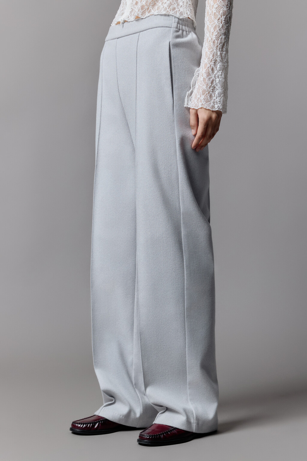 Брюки широкие трикотажные с высокой посадкой - цвет серый - 5