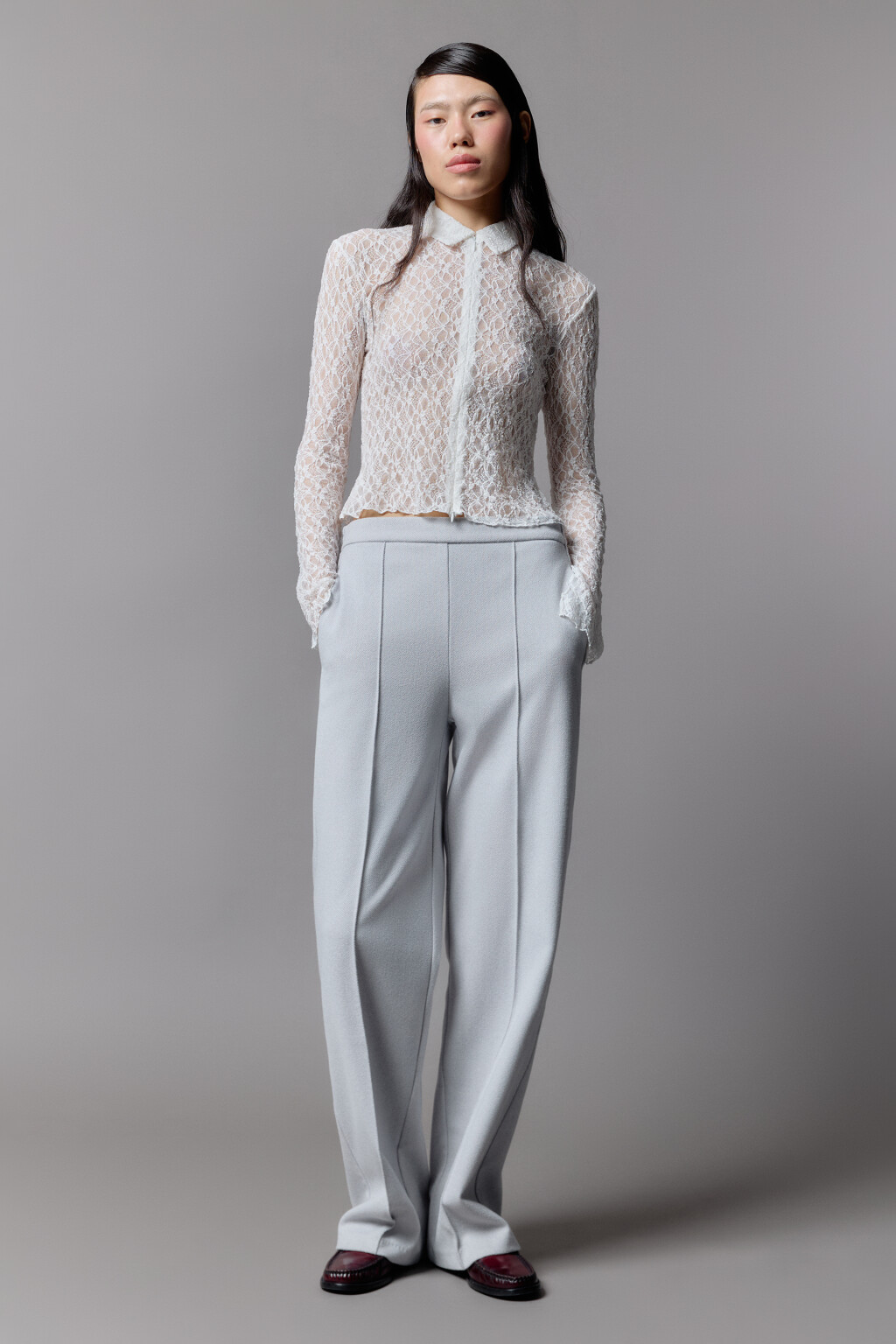 Брюки широкие трикотажные с высокой посадкой - цвет серый - 7