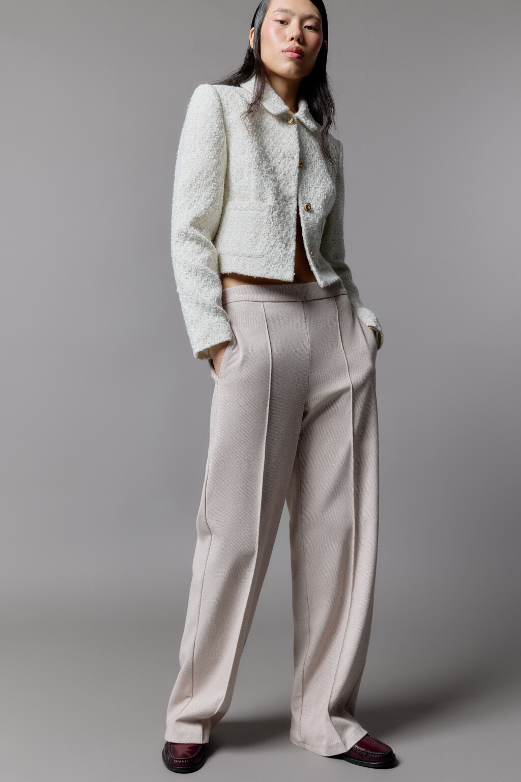 Брюки широкие трикотажные с высокой посадкой - цвет бежевый - 1