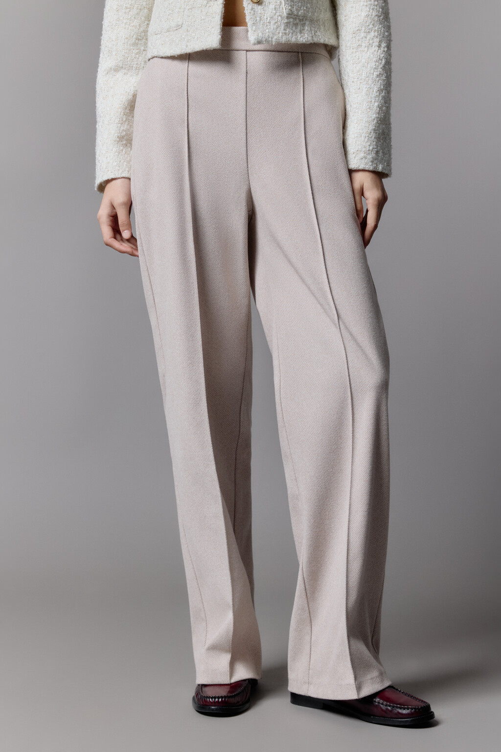 Брюки широкие трикотажные с высокой посадкой - цвет бежевый - 2