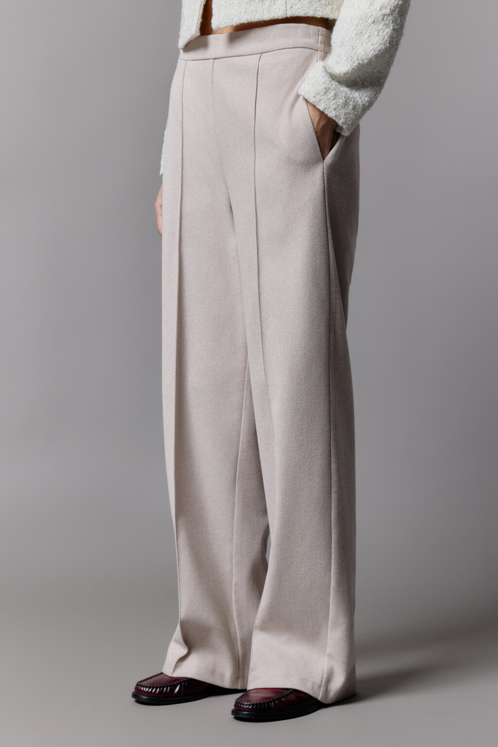 Брюки широкие трикотажные с высокой посадкой - цвет бежевый - 3