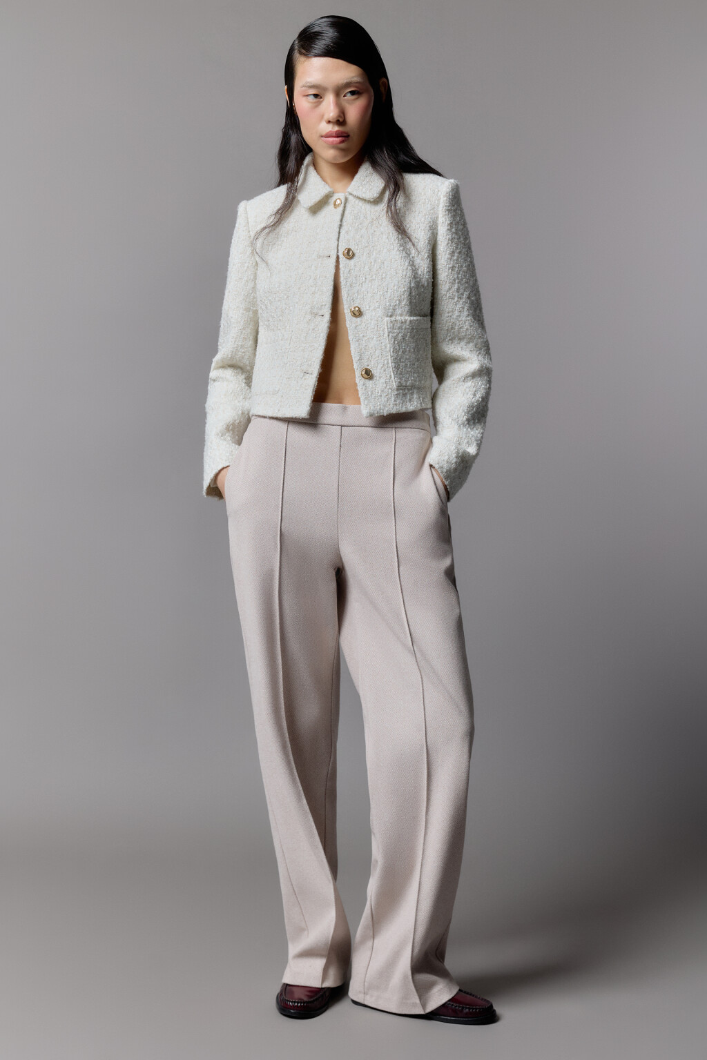 Брюки широкие трикотажные с высокой посадкой - цвет бежевый - 6