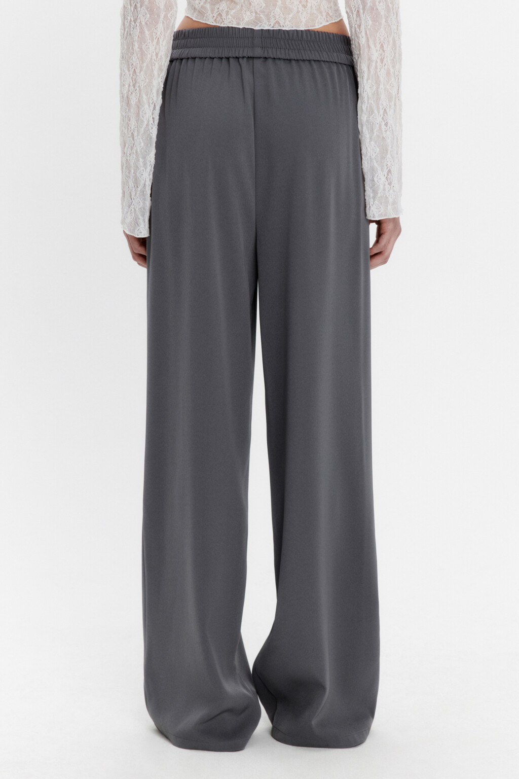 Брюки широкие костюмные с поясом-резинкой - цвет серый - 3