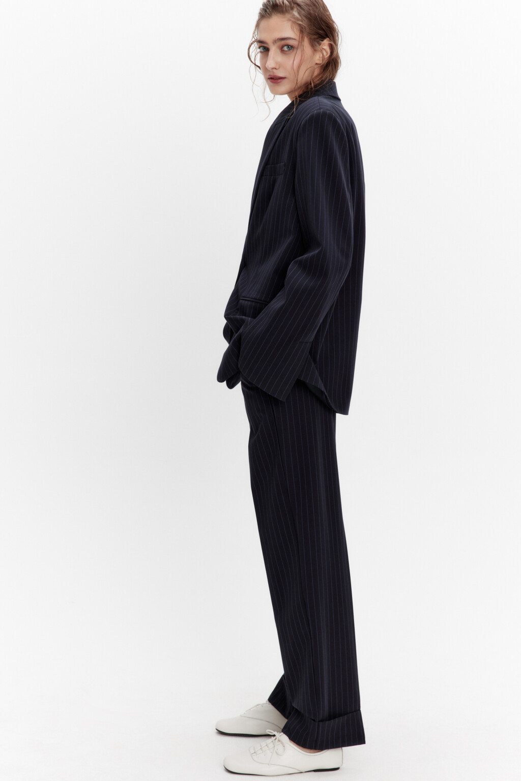 Брюки прямые костюмные в полоску - цвет синий - 4