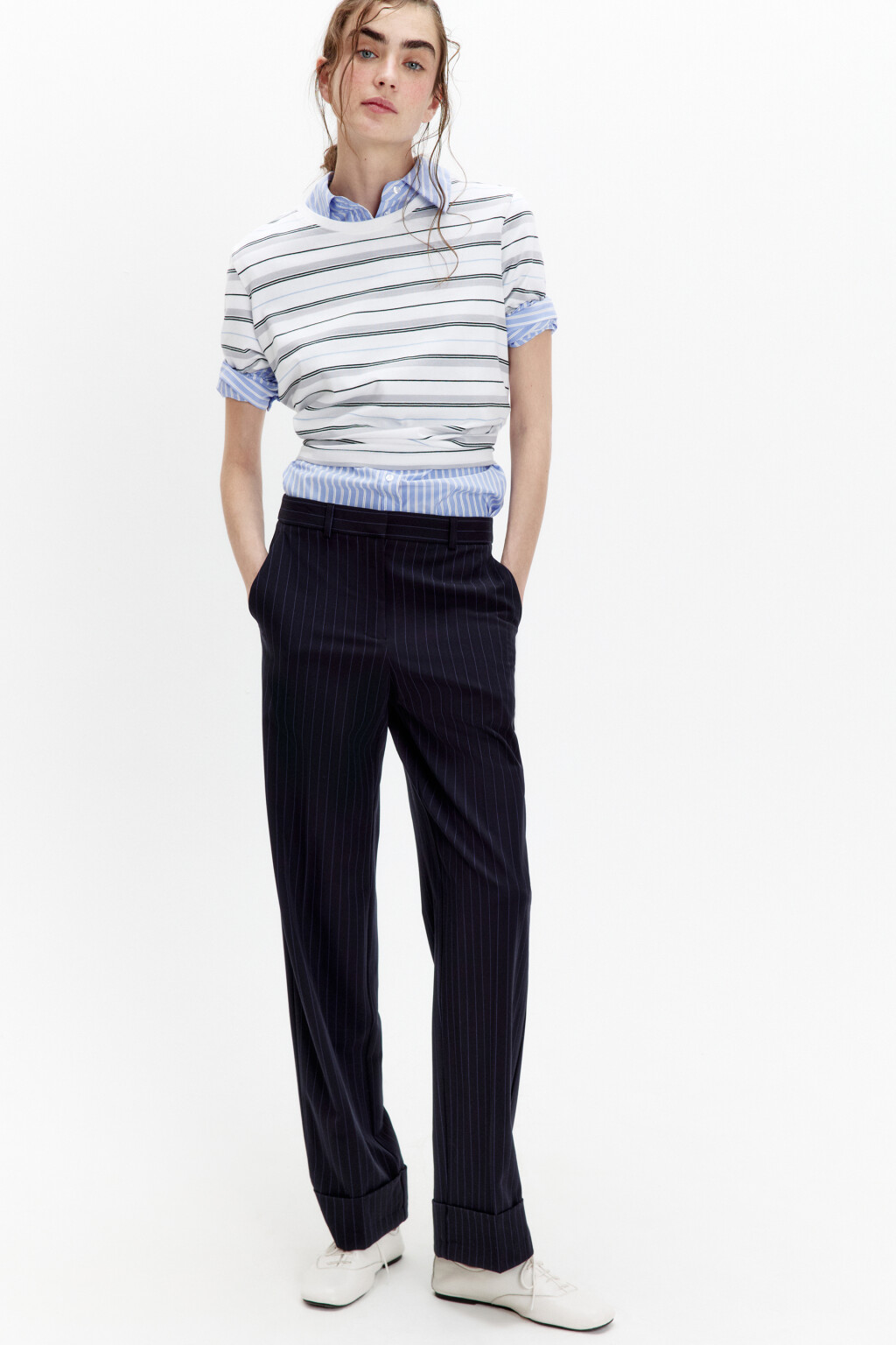 Брюки прямые костюмные в полоску - цвет синий - 1