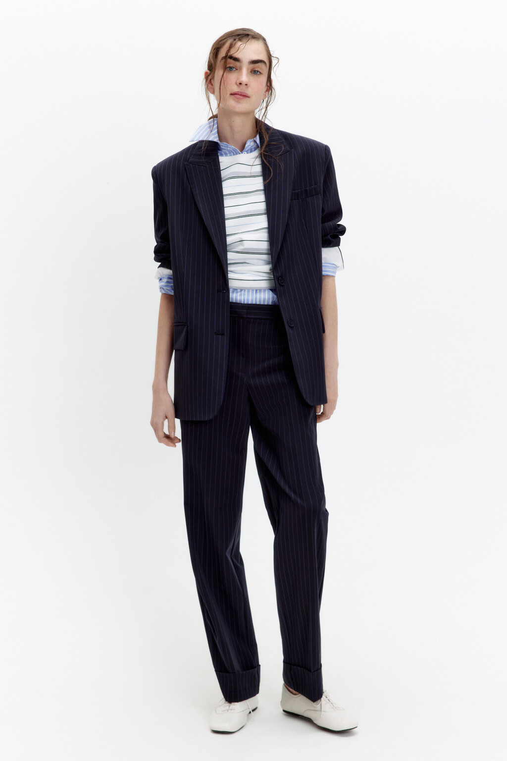 Брюки прямые костюмные в полоску - цвет синий - 3