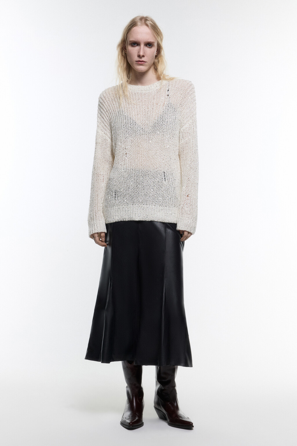 Юбка-годе миди из искусственной кожи - цвет черный - 6