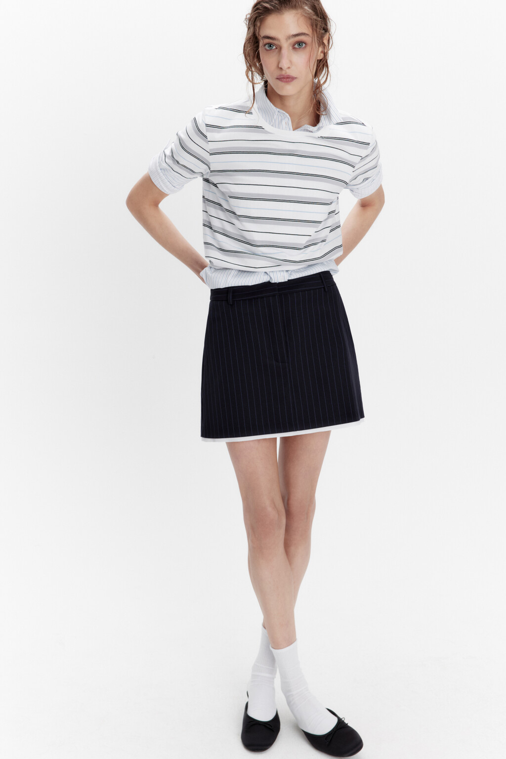 Юбка мини костюмная с контрастной подкладкой - цвет синий - 1