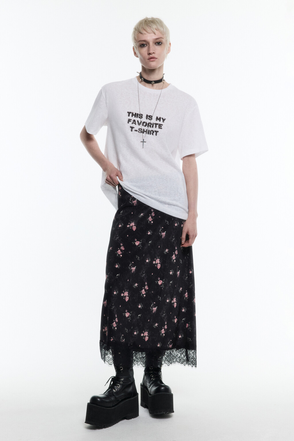 Юбка миди с кружевом и цветочным принтом - цвет черный - 5