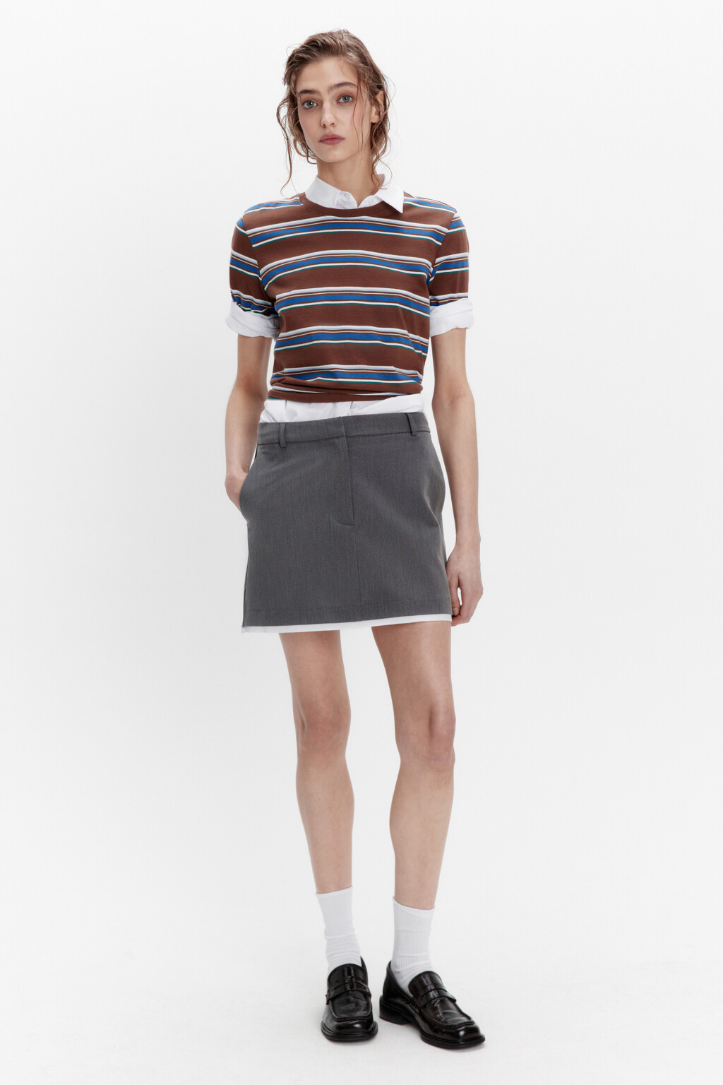 Юбка мини костюмная с контрастной подкладкой - цвет серый - 4