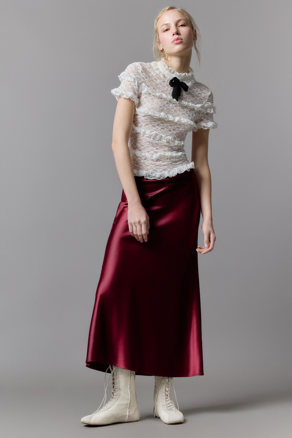 Юбка-годе макси атласная - цвет бордовый - 1