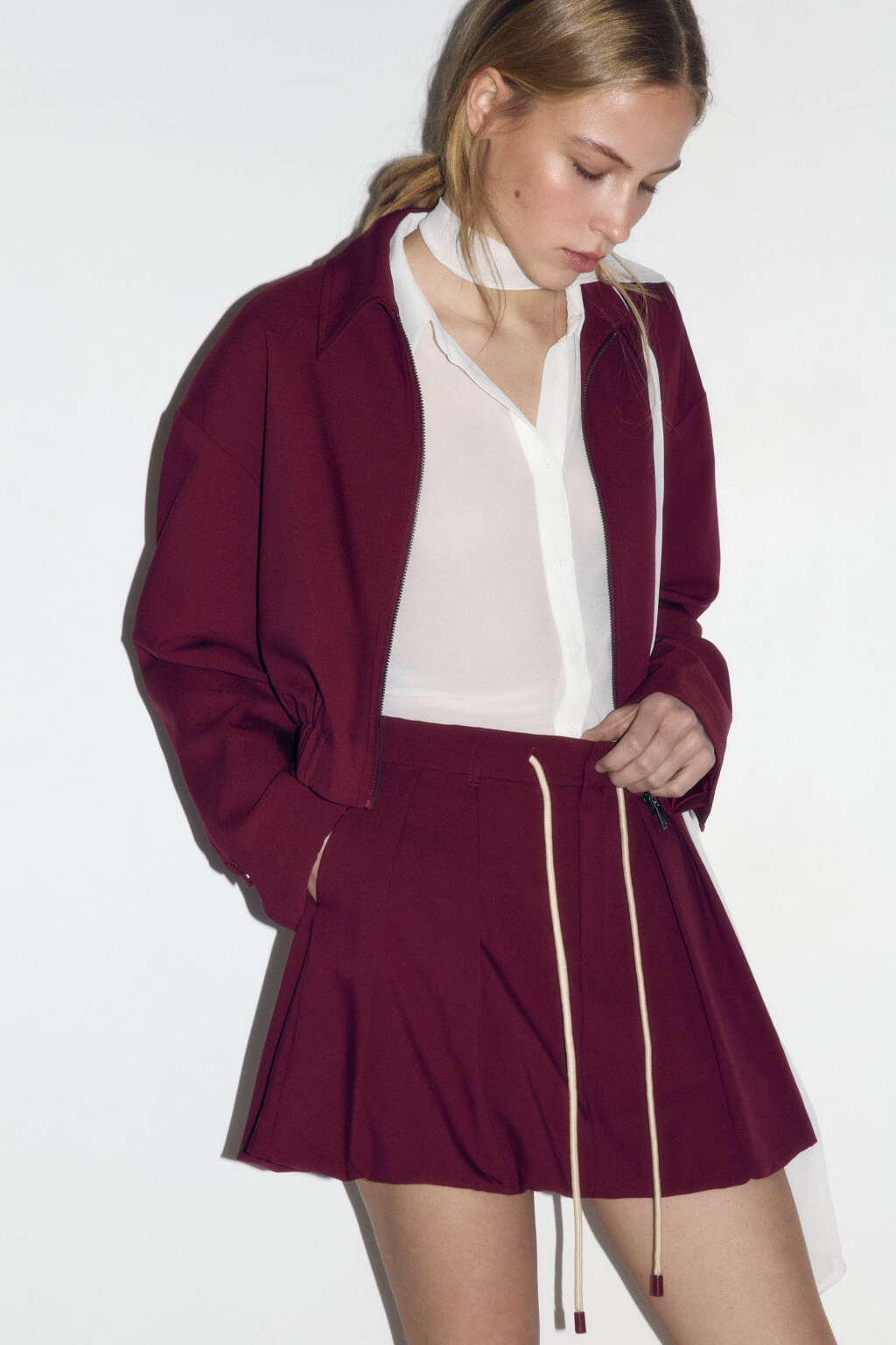 Юбка-баллон мини со шнурком на поясе - цвет бордовый - 1