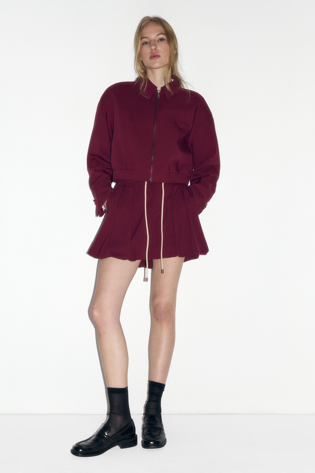 Юбка-баллон мини со шнурком на поясе - цвет бордовый - 2
