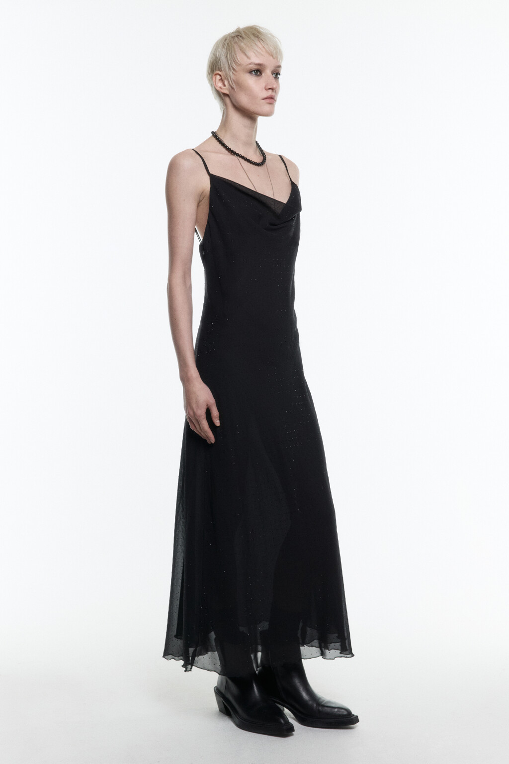 Платье-комбинация миди шифоновое со стразами - цвет черный - 3