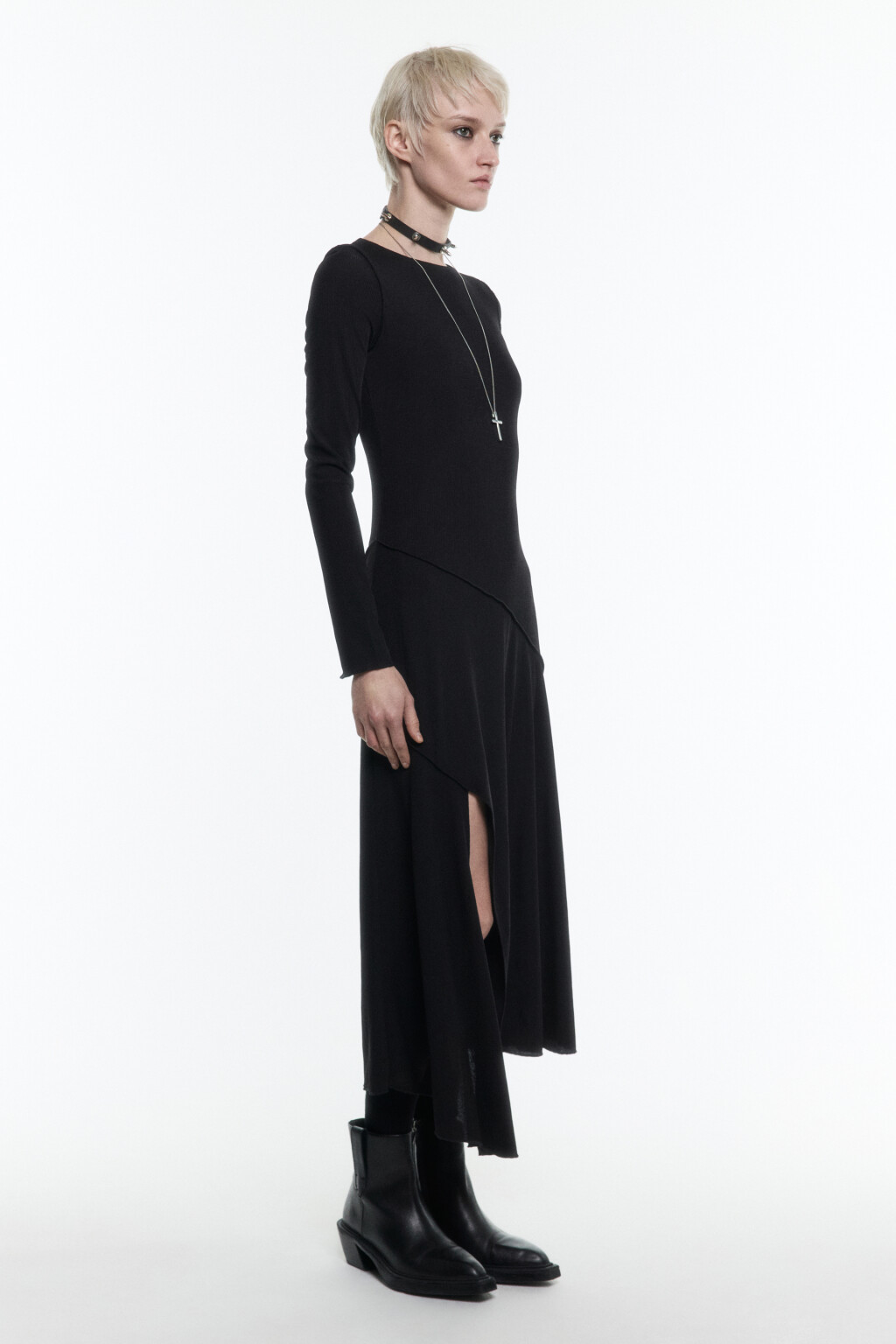 Платье миди с асимметричным низом и разрезом - цвет черный - 3