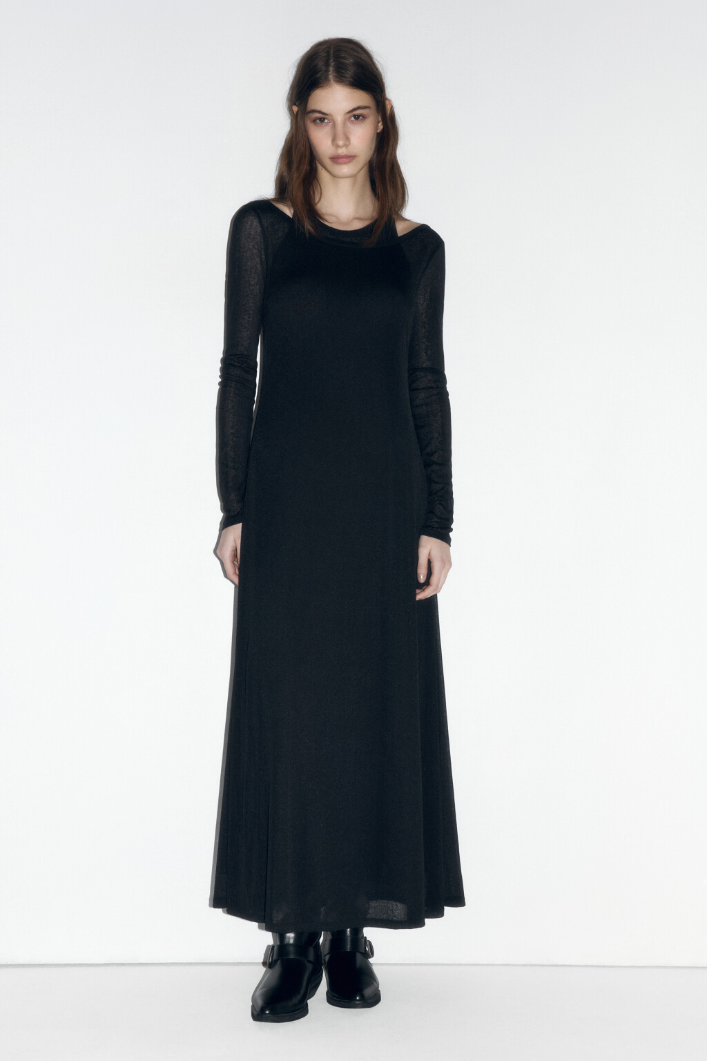 Платье макси трикотажное с подкладкой-майкой - цвет черный - 1