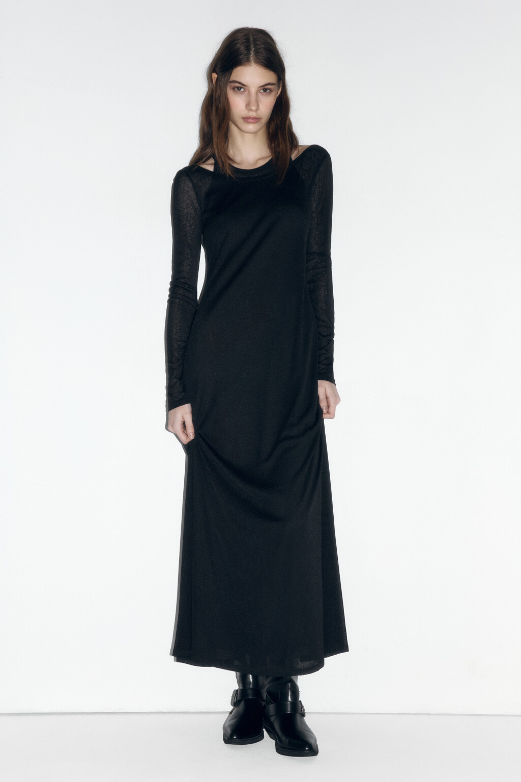 Платье макси трикотажное с подкладкой-майкой - цвет черный - 2