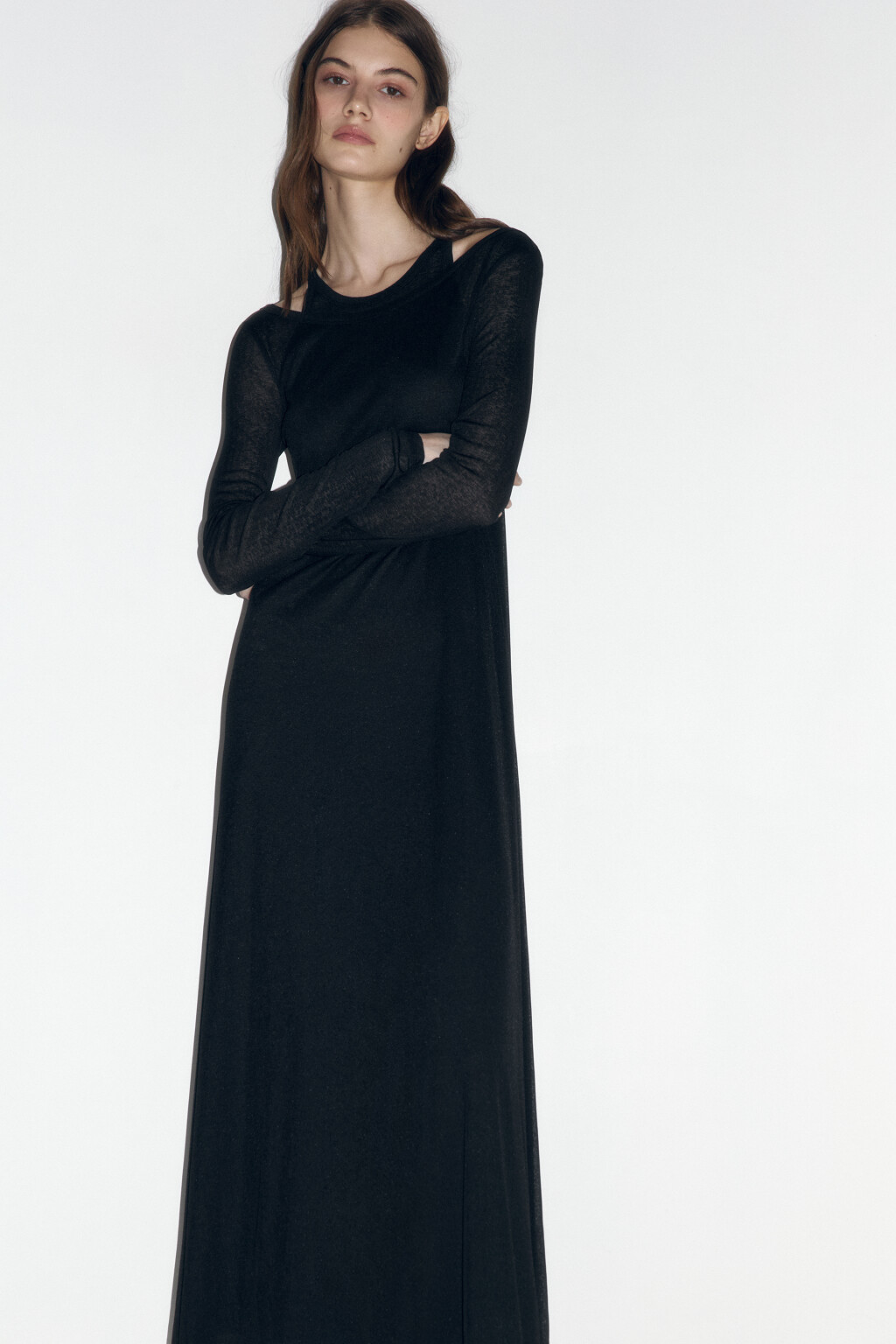 Платье макси трикотажное с подкладкой-майкой - цвет черный - 4