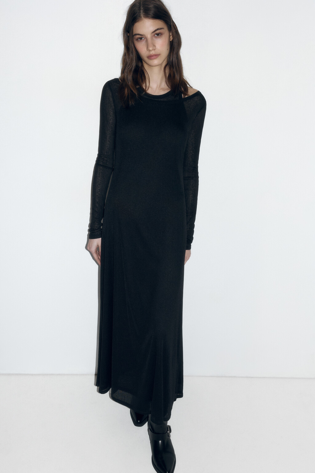 Платье макси трикотажное с подкладкой-майкой - цвет черный - 5