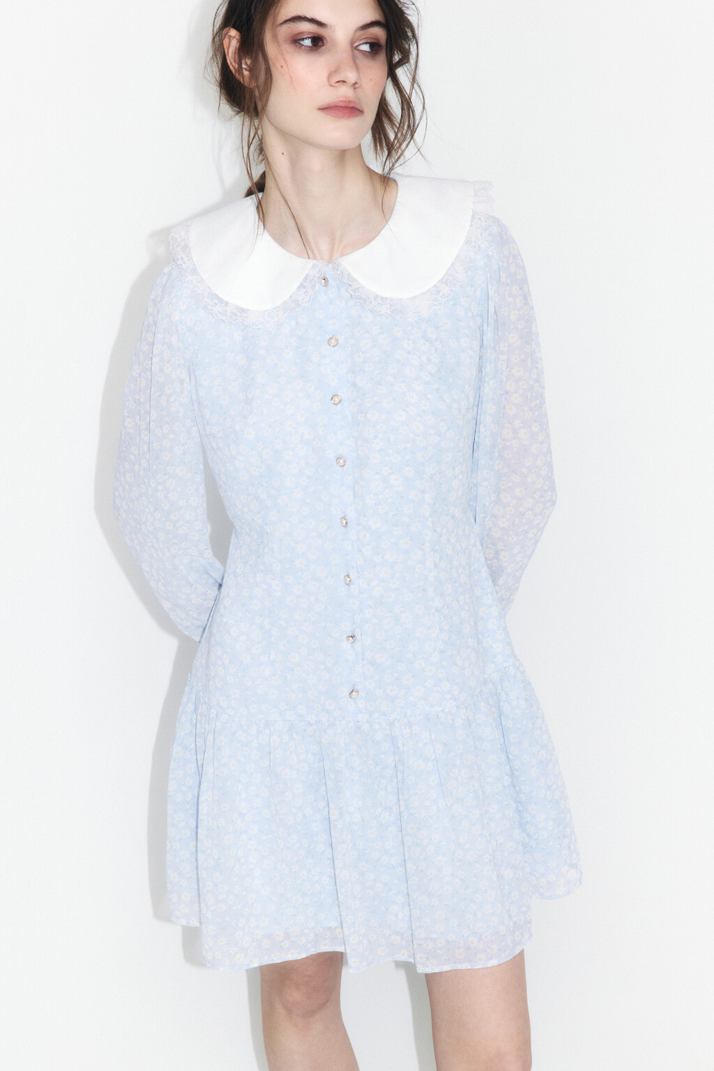 Платье мини с белым воротничком и оборками - цвет голубой - 1