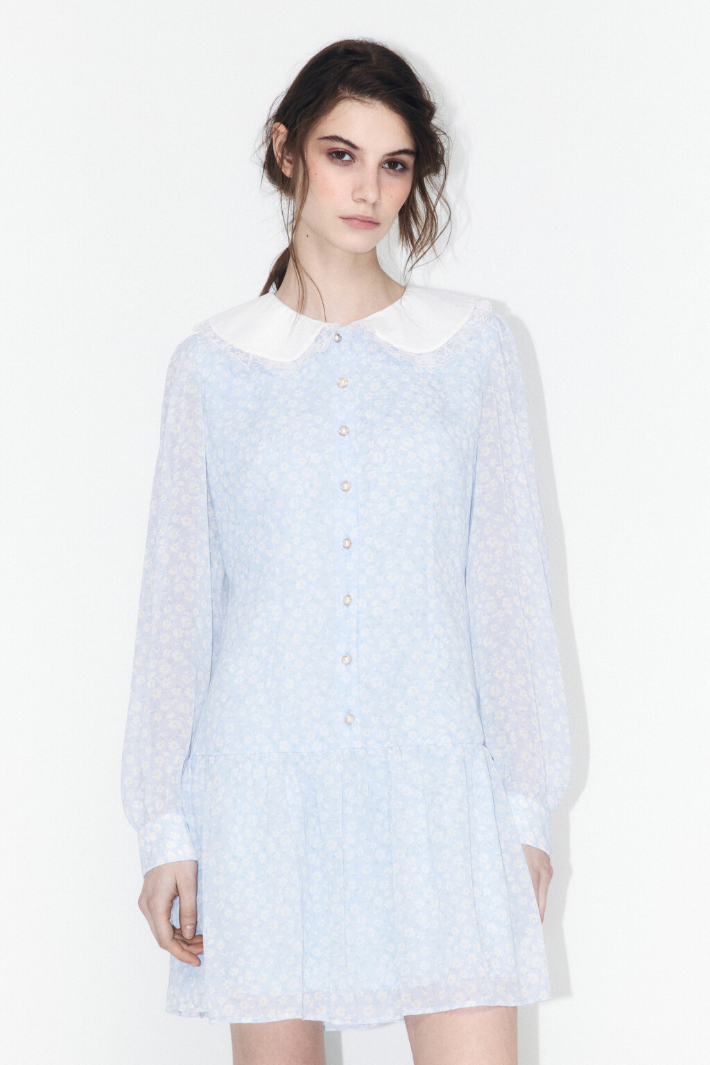 Платье мини с белым воротничком и оборками - цвет голубой - 2