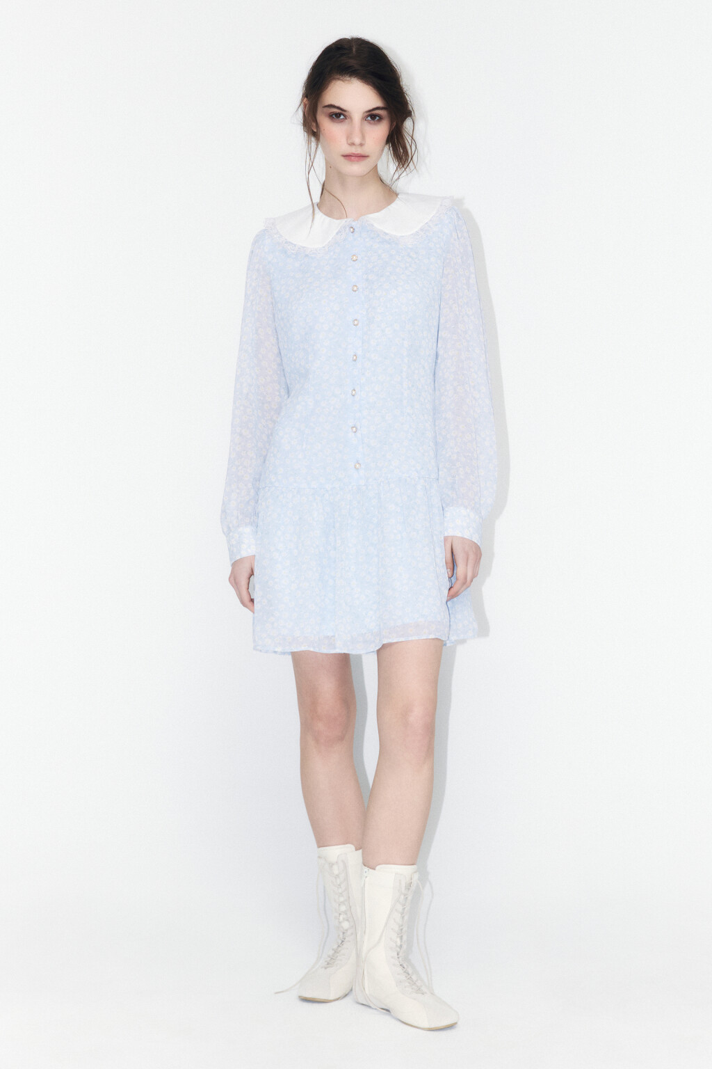 Платье мини с белым воротничком и оборками - цвет голубой - 4