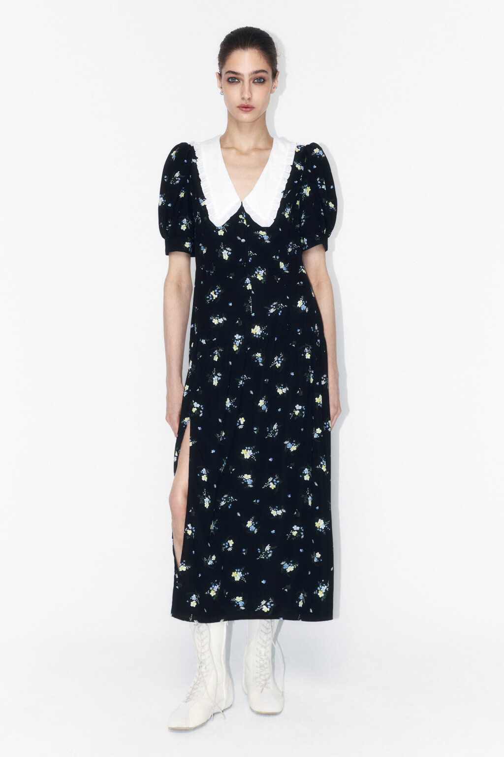 Платье миди приталенное с белым воротничком - цвет черный - 3