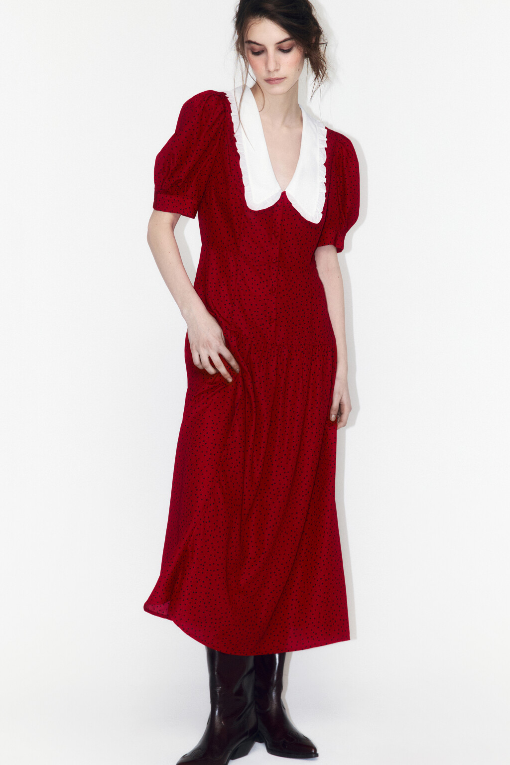 Платье миди приталенное с белым воротничком - цвет красный - 2